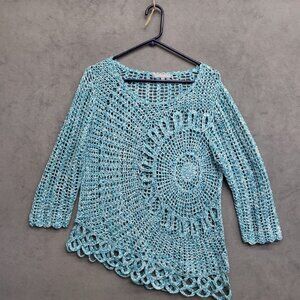 Macy's NY Collection Teal See Through Open Knit Sweater‎ Size Large